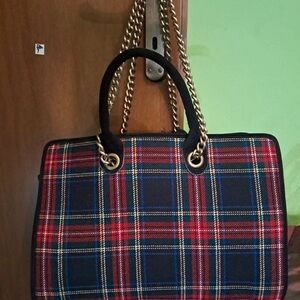 Chic Plaid Tote with Gold Chain Straps